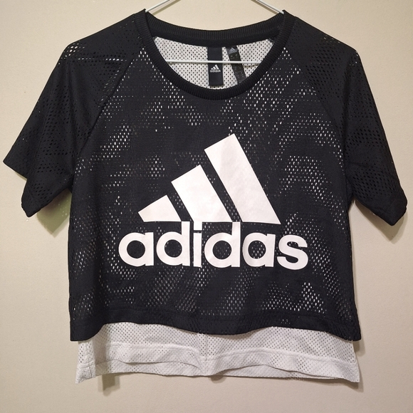 ADIDAS SMALL ID Mesh Crop Top black white logo shortsleeved women's - Picture 4 of 7